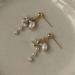 Freshwater Pearl Rhinestone Dangle Earring 1 Pair - 1610 - Faux Pearl - White - One Size