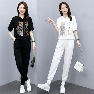 Set: Short-sleeve Rhinestone Hoodie + Sweatpants