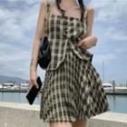 Plaid Button-up Camisole Top / Pleated Mini A-line Skirt