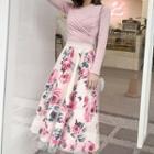 Set: Tie-strap T-shirt + Floral Mesh Midi A-line Skirt
