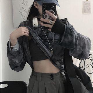 Long-sleeve Tie-dye Print Mesh Top / Camisole Top