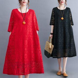 Short-sleeve Lace Loose-fit Midi Dress