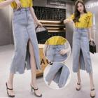 Slit-front Distressed Midi Denim Straight-fit Skirt