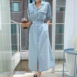 Puff-sleeve Denim Shirtdress With Sash