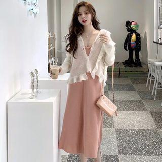 Ruffle Trim Cardigan / Midi Tank Dress
