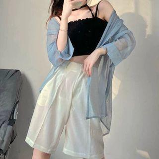 Set: Long Sleeve See-through Shirt + Cropped Camisole + A-line Shorts