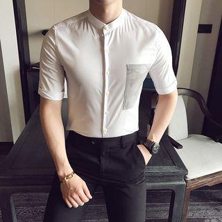 Camouflage Pocket Stand Collar Short-sleeve Shirt