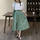 Midi A-line Skirt / Puff-sleeve Collared Blouse