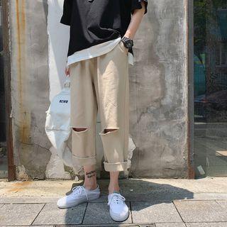 Elastic-waist Distressed Straight-leg Pants
