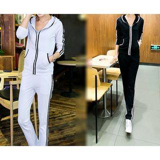 Set: Contrast Trim Hooded Zip Jacket + Sweatpants