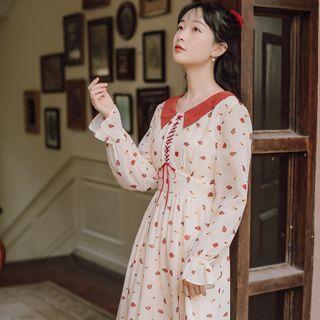 Flared-cuff Floral Print Lace-up Midi A-line Dress