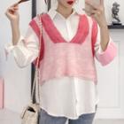 Set: Plain Shirt + Contrast Trim Knit Vest