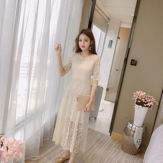 Set: Elbow Sleeve Midi Lace Dress + Slipdress