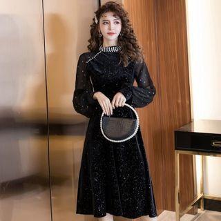Long-sleeve Rhinestone Mesh Panel Velvet A-line Dress