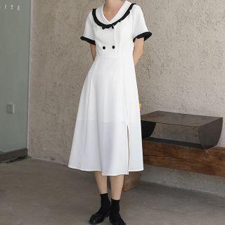 Short-sleeve Double-breasted Midi Shirtdress