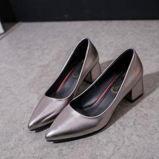Faux Leather Block Heel Pointed-toe Pumps