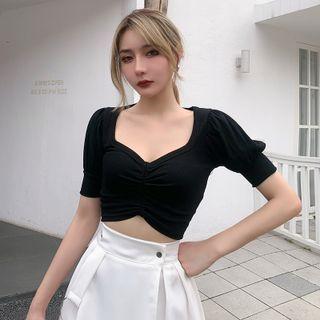 Puff-sleeve Drawstring Cropped T-shirt