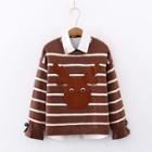 Deer Embroidered Striped Sweater Coffee - One Size