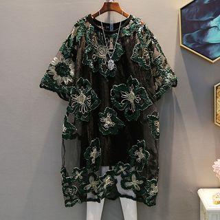 Short-sleeve Flower Embroidered Mesh Dress As Shown In Figure - One Size