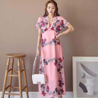 Flower Print Short-sleeve Midi Shift Dress
