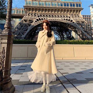 Button Coat / Mock Turtleneck Long-sleeve Midi Lace Dress / Spaghetti Strap Dress / Set