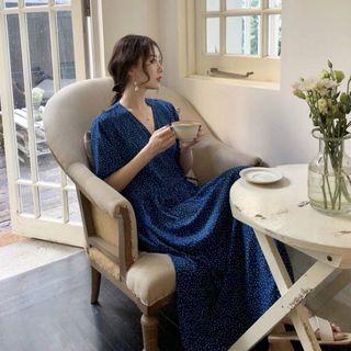 Dotted Loose-fit Midi Wrap Dress Blue - One Size
