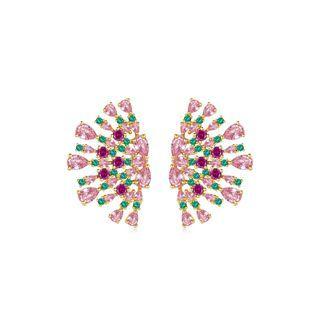 Fashion And Elegant Plated Gold Flower Stud Earrings With Pink Cubic Zirconia Golden - One Size