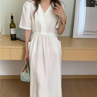 V-neck Plain Lace Up Maxi Dress White - One Size