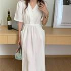 V-neck Plain Lace Up Maxi Dress White - One Size
