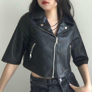 Short-sleeve Faux Leather Zip Cropped Jacket