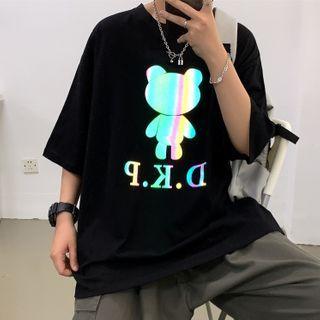Cartoon Lettering Reflective Short-sleeve T-shirt