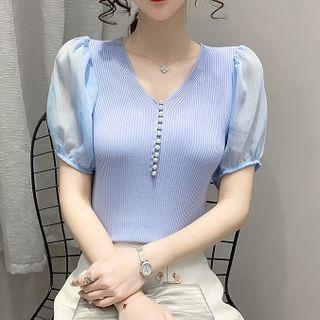 Short-sleeve Faux Pearl Mesh Panel Knit Top