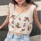 Floral Embroidered Crop Pointelle Knit Tank Top