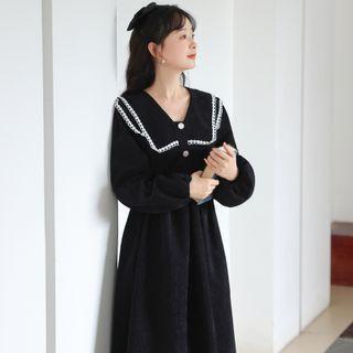 Long-sleeve Layered Collar Corduroy Midi A-line Dress