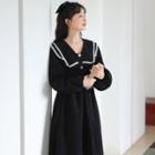 Long-sleeve Layered Collar Corduroy Midi A-line Dress