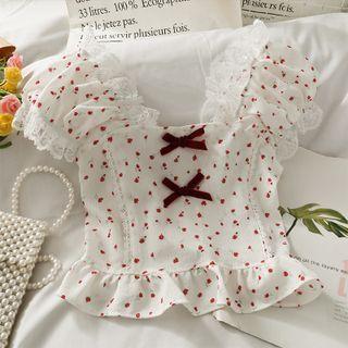 Lace-trim Ribbon-accent Printed Crop Top White - One Size
