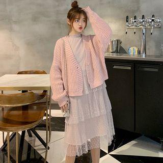 Chunky Knit Cardigan / Dotted Long-sleeve Tiered Dress