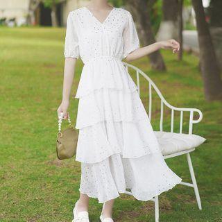 Sequined Short-sleeve Layered Midi A-line Dress