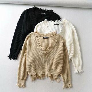 Long Sleeve Distressed Crop Sweater