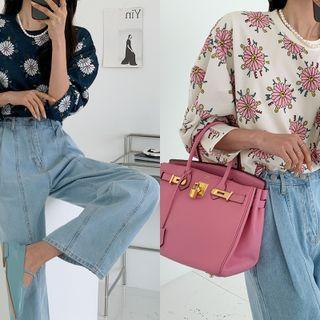 Balloon-sleeve Flower T-shirt