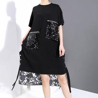 Short-sleeve Sequined Paneled A-line Dress Black - One Size
