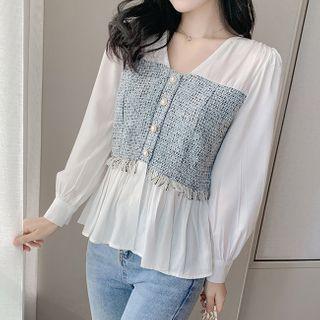V-neck Tweed Panel Blouse