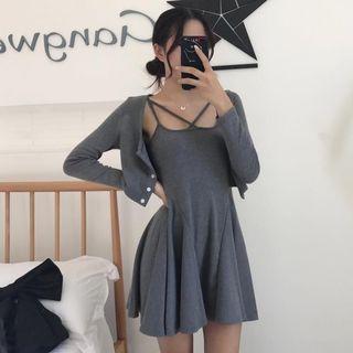 Set: Plain Cropped Jacket + Plain Cross-strap Slipdress