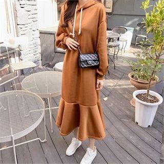 Hooded Ruffle-hem Brushed Fleece Lined Dress