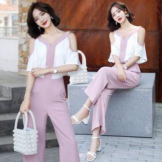 Set: V-neck Elbow-sleeve Top + High Waist Wide-leg Pants