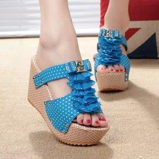 Faux-leather Ruffled Wedge Slide Sandals
