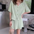 Set : Short-sleeve V-neck Blazer + Plain Pleated Mini Skirt