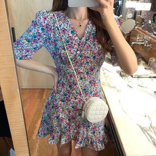 V-neck Floral Puff Short Sleeve Dress As Shown In Figure - One Size