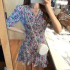 V-neck Floral Puff Short Sleeve Dress As Shown In Figure - One Size