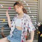 Cartoon Print Elbow-sleeve Shirt White - One Size